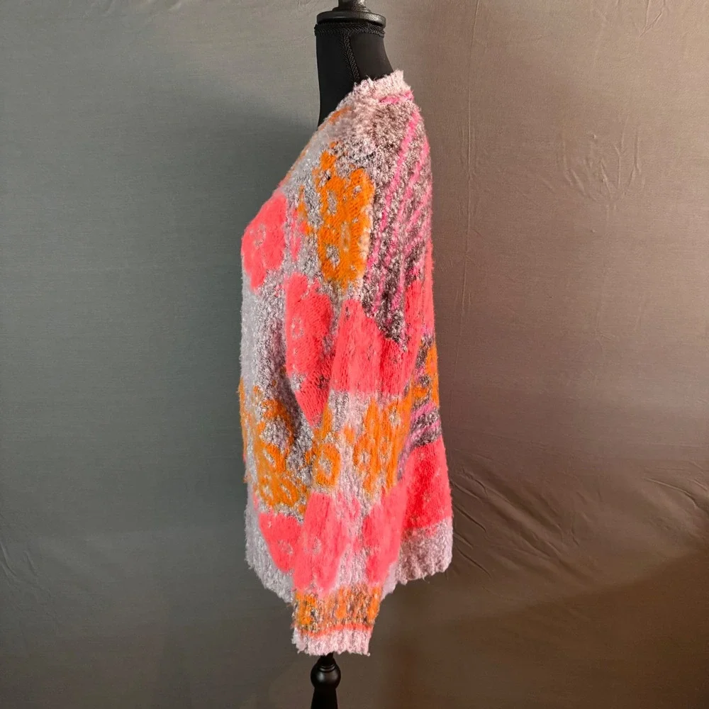 Free People Gather Me CLose Cardigan Womens XS Pink Orange Floral Knit‎ Sweater